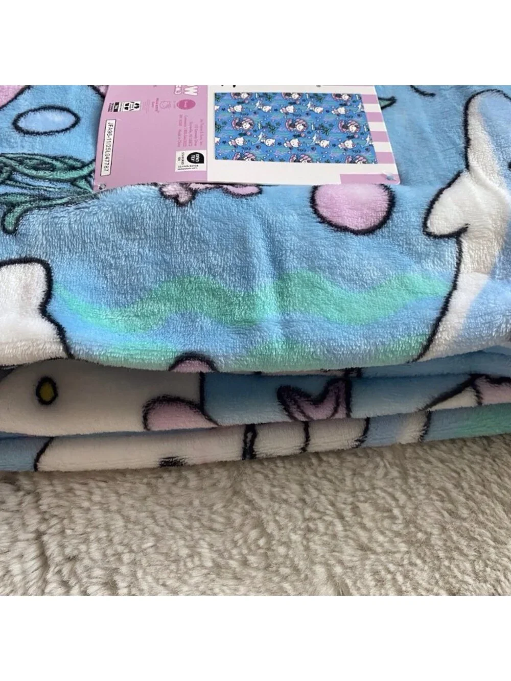 Hello Kitty Mermaid Dolphin Jellyfish Soft Throw Blanket Blue Pink 50” X 70” NEW